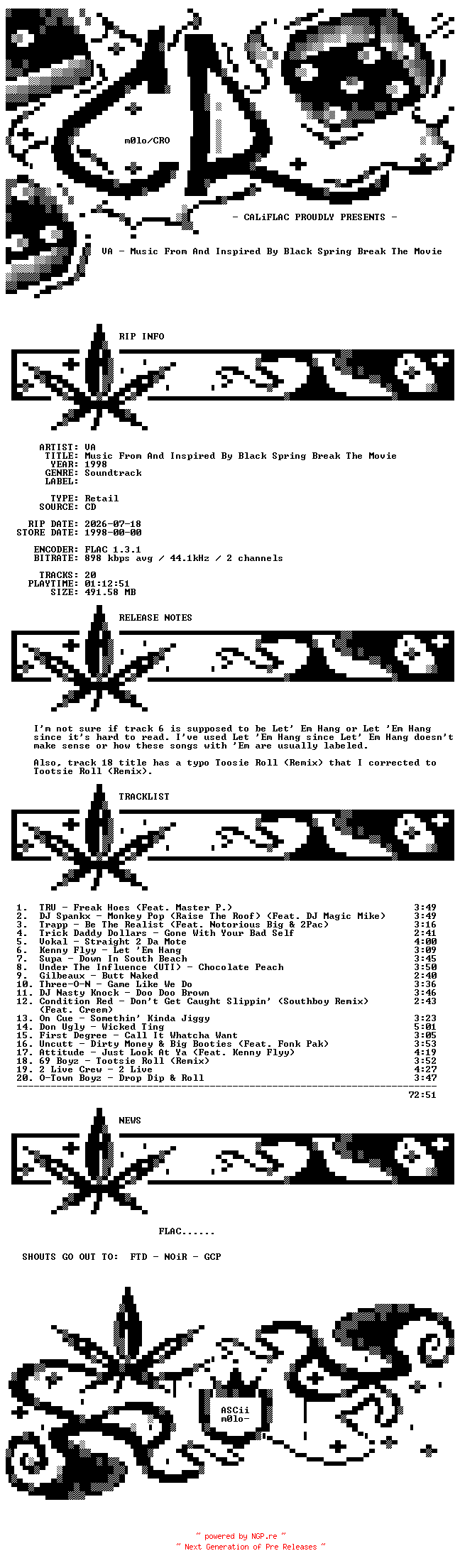 NFO for the release VA-Music_From_And_Inspired_By_Black_Spring_Break_The_Movie-OST-CD-FLAC-1998-CALiFLAC by CALiFLAC