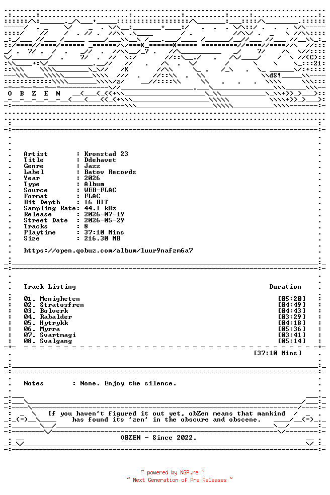 NFO for the release Kronstad_23-Dodehavet-16BIT-WEB-FLAC-2026-OBZEN by OBZEN