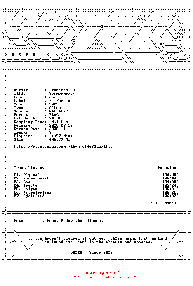 NFO for the release Kronstad_23-Sommermorket-24BIT-44KHZ-WEB-FLAC-2025-OBZEN by OBZEN