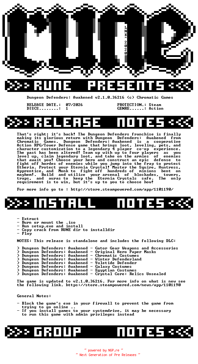 NFO for the release Dungeon.Defenders.Awakened.v2.1.0.36216-RUNE by RUNE