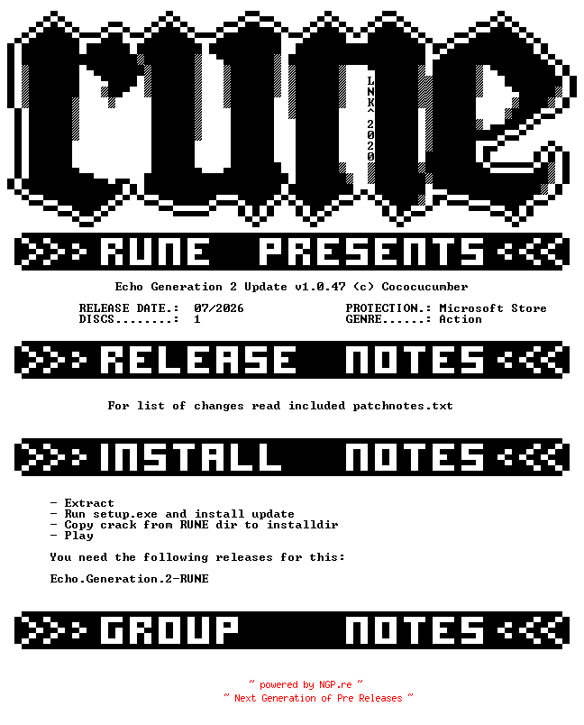 NFO for the release Echo.Generation.2.Update.v1.0.47-RUNE by RUNE