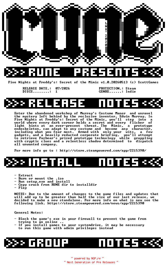 NFO for the release Five.Nights.at.Freddys.Secret.of.the.Mimic.v1.0.20260513-RUNE by RUNE