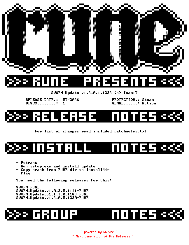 NFO for the release SWORN.Update.v1.2.0.1.1222-RUNE by RUNE