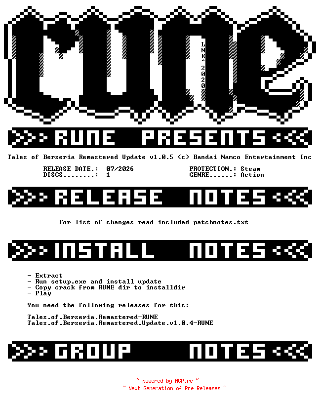 NFO for the release Tales.of.Berseria.Remastered.Update.v1.0.5-RUNE by RUNE