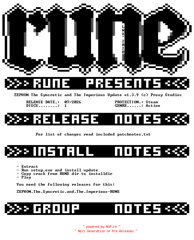 NFO for the release ZEPHON.The.Syncretic.and.The.Imperious.Update.v1.3.9-RUNE by RUNE