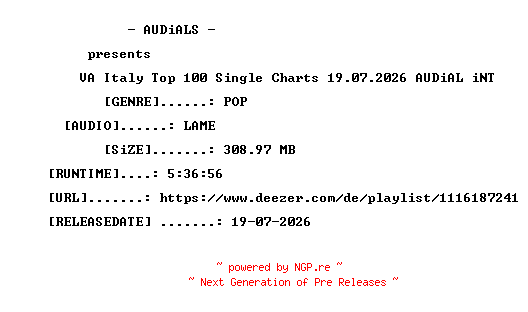 NFO for the release VA-Italy_Top_100_Single_Charts_19.07.2026-AUDiAL_iNT by AUDiAL_iNT