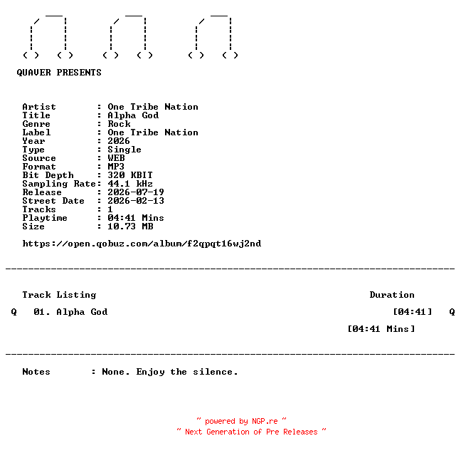 NFO for the release One_Tribe_Nation-Alpha_God-SINGLE-WEB-2026-QUAVER by QUAVER