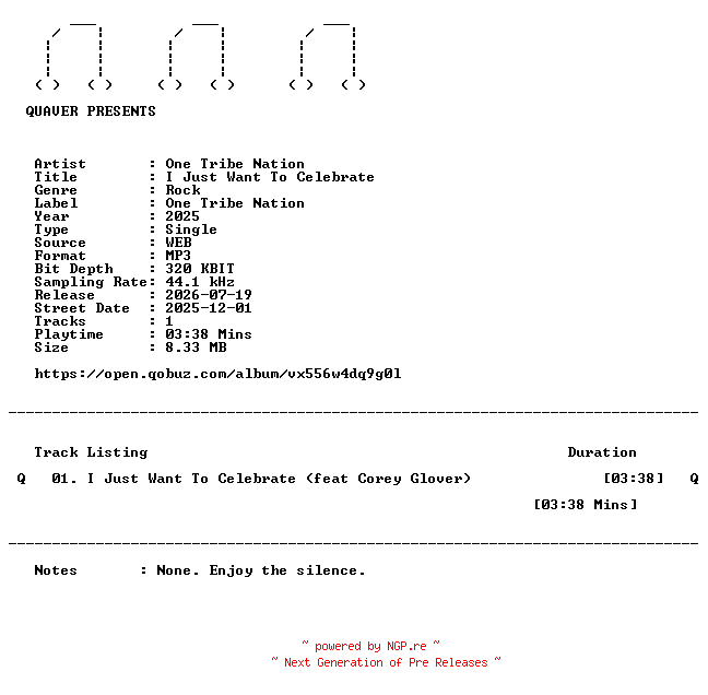 NFO for the release One_Tribe_Nation-I_Just_Want_To_Celebrate-SINGLE-WEB-2025-QUAVER by QUAVER