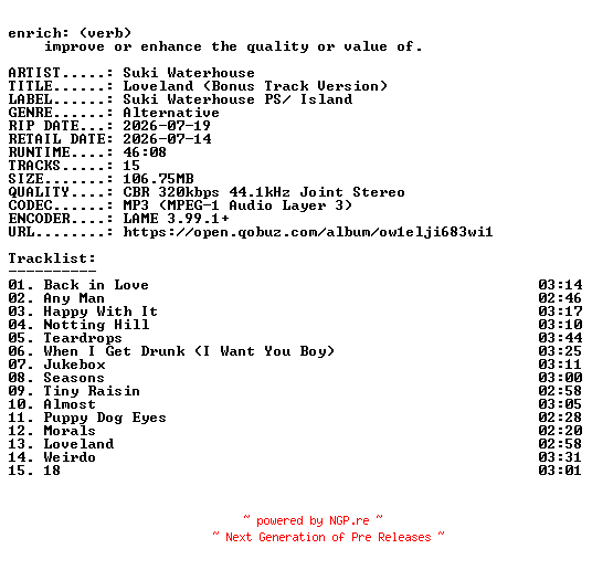 NFO for the release Suki_Waterhouse-Loveland_(Bonus_Track_Version)-WEB-2026-ENRiCH by ENRiCH