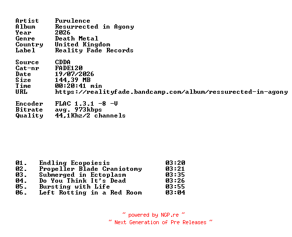 NFO for the release Purulence-Resurrected_in_Agony-(FADE120)-CDEP-FLAC-2026-86D by 86D