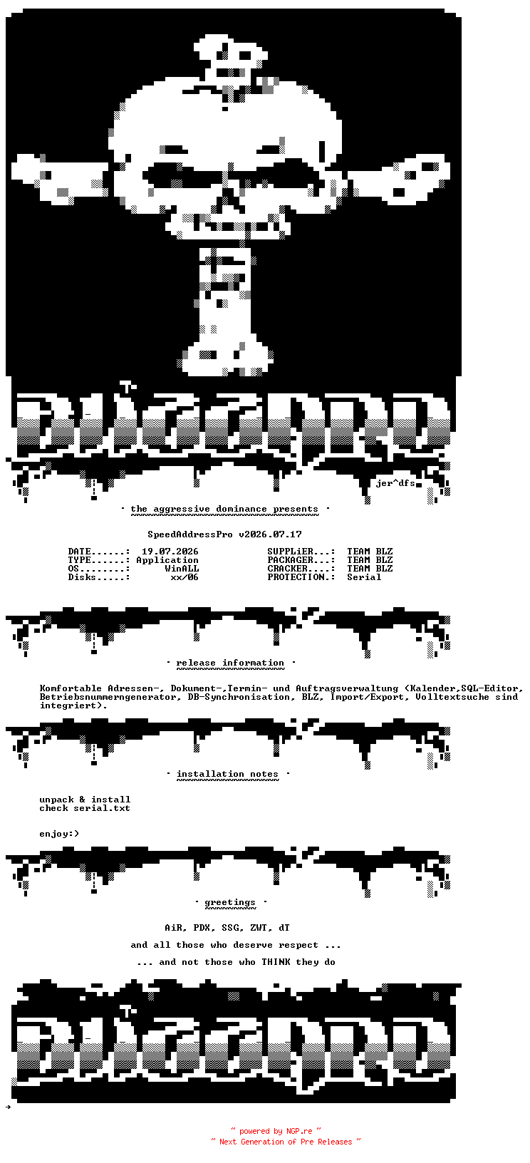 NFO for the release SpeedAddressPro.v2026.07.17.GERMAN.WinALL.Regged-BLiZZARD by BLiZZARD