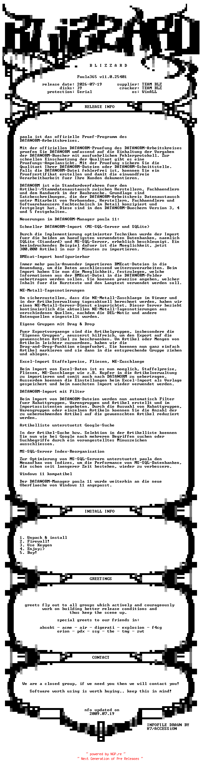 NFO for the release Paula365.v11.0.25401.GERMAN.WinALL.Incl.Keygen.Patch-BLiZZARD by BLiZZARD