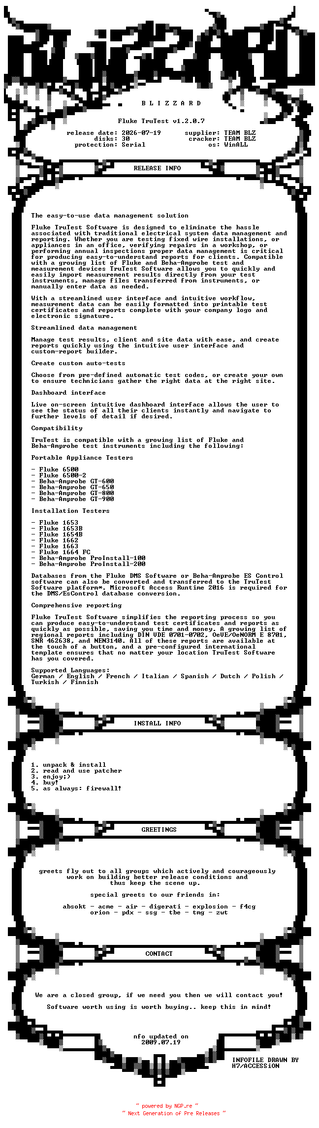 NFO for the release Fluke.TruTest.v1.2.0.7.MultiLanguage.WinALL.Cracked-BLiZZARD by BLiZZARD