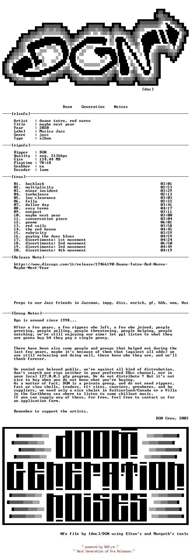 NFO for the release Duane_Tatro_Red_Norvo-Maybe_Next_Year-(MJCD_1374)-2020-DGN by DGN
