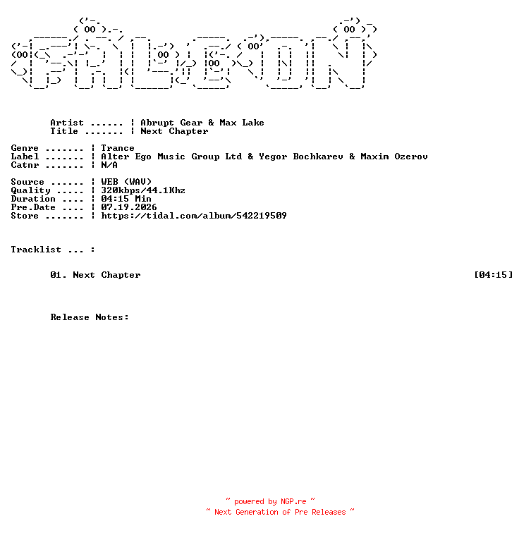 NFO for the release Abrupt_Gear_And_Max_Lake-Next_Chapter-SINGLE-WEB-2026-FALCON by FALCON