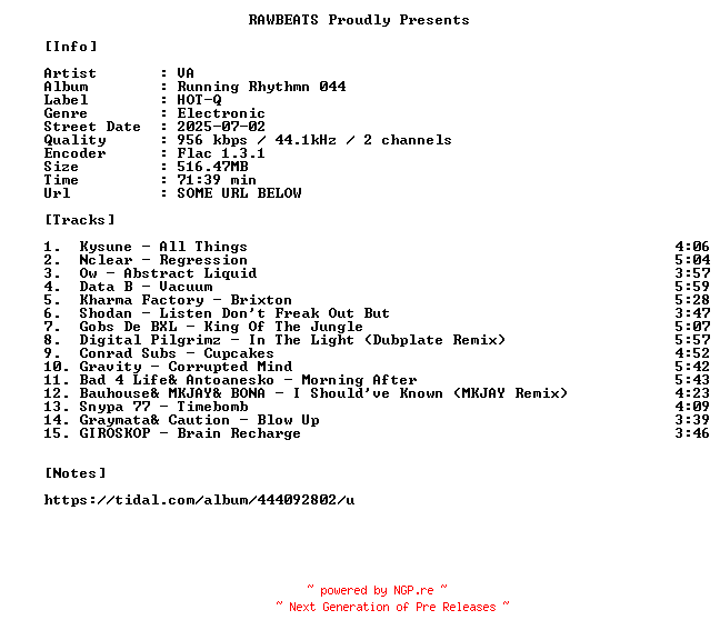 NFO for the release VA-Running_Rhythmn_044-16BIT-WEB-FLAC-2025-RAWBEATS by RAWBEATS