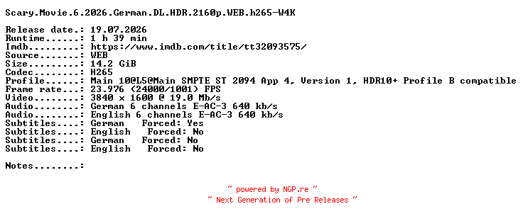 NFO for the release Scary.Movie.6.2026.German.DL.HDR.2160p.WEB.h265-W4K by W4K