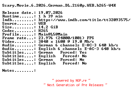NFO for the release Scary.Movie.6.2026.German.DL.2160p.WEB.h265-W4K by W4K