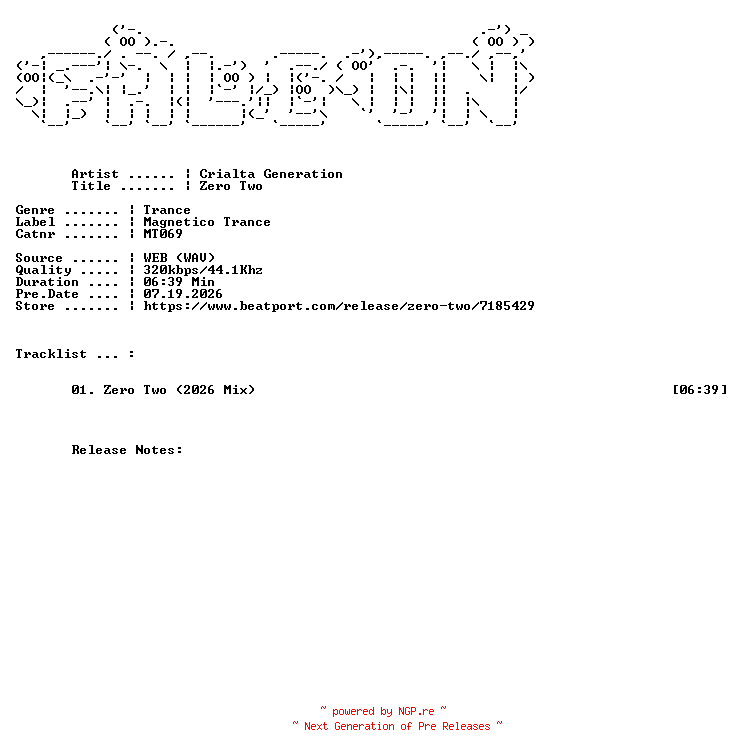 NFO for the release Crialta_Generation-Zero_Two-(MT069)-SINGLE-WEB-2026-FALCON by FALCON