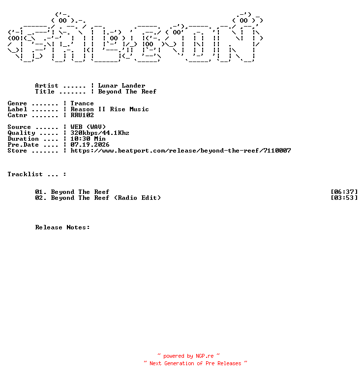 NFO for the release Lunar_Lander-Beyond_The_Reef-(RRU102)-WEB-2026-FALCON by FALCON