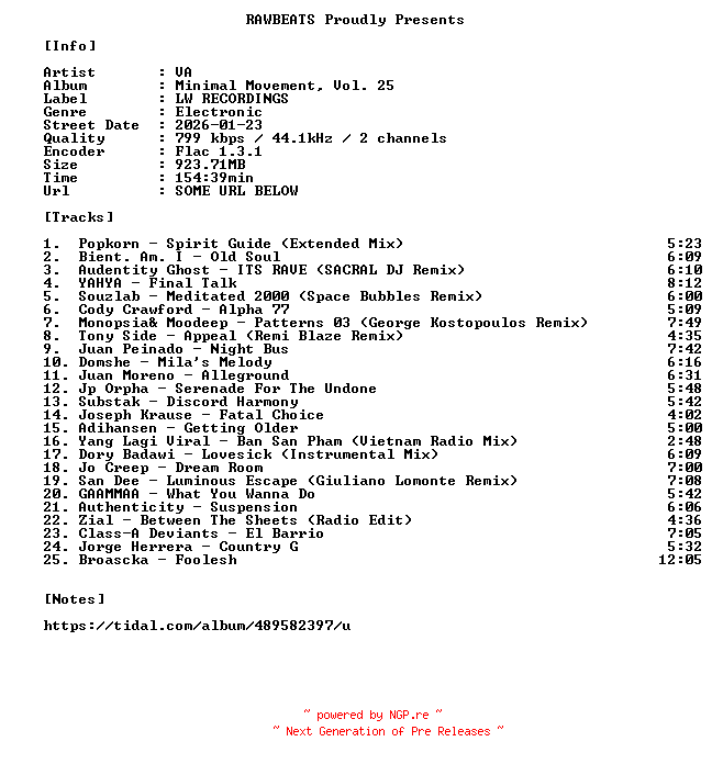 NFO for the release VA-Minimal_Movement_Vol._25-16BIT-WEB-FLAC-2026-RAWBEATS by RAWBEATS
