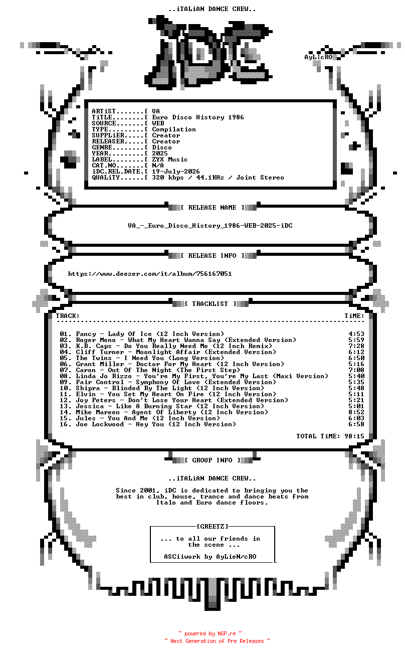 NFO for the release VA_-_Euro_Disco_History_1986-WEB-2025-iDC by iDC