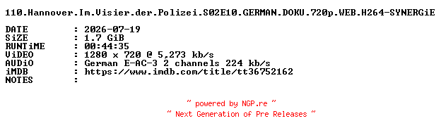 NFO for the release 110.Hannover.Im.Visier.der.Polizei.S02E10.GERMAN.DOKU.720p.WEB.H264-SYNERGiE by SYNERGiE