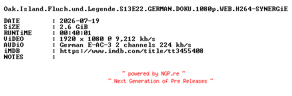 NFO for the release Oak.Island.Fluch.und.Legende.S13E22.GERMAN.DOKU.1080p.WEB.H264-SYNERGiE by SYNERGiE