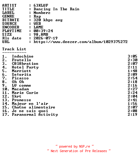 NFO for the release 63KLUF-Dancing_In_The_Rain-WEB-FR-2026-GUESTS by GUESTS