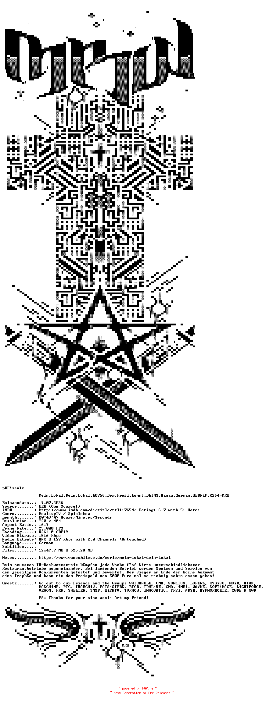 NFO for the release Mein.Lokal.Dein.Lokal.E0756.Der.Profi.kommt.DEINS.Hanau.German.WEBRiP.X264-MRW by MRW