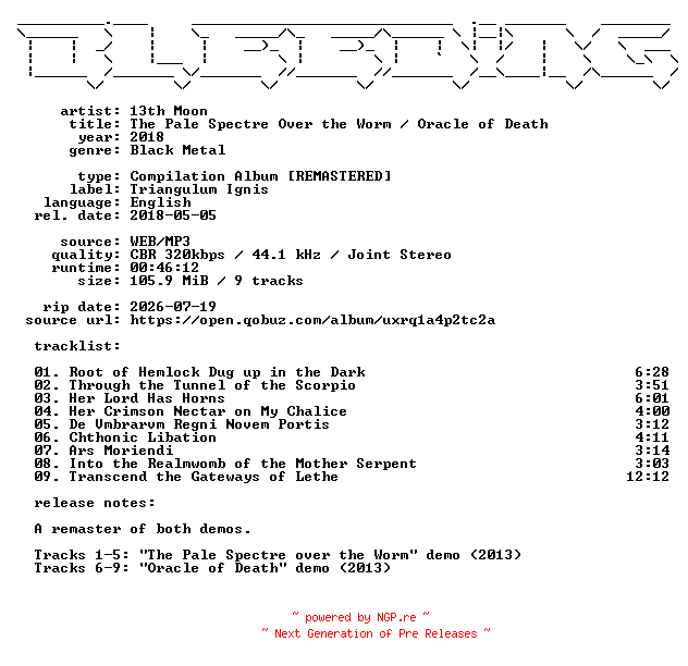 NFO for the release 13th_Moon-The_Pale_Spectre_Over_the_Worm__Oracle_of_Death-Remastered-WEB-2018-BLEEDiNG by BLEEDiNG