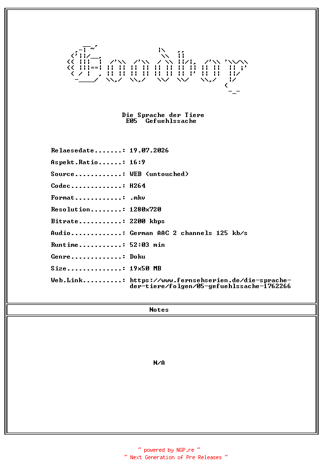 NFO for the release Die.Sprache.der.Tiere.E05.Gefuehlssache.GERMAN.DOKU.720P.WebHD.H264-Goodboy by Goodboy