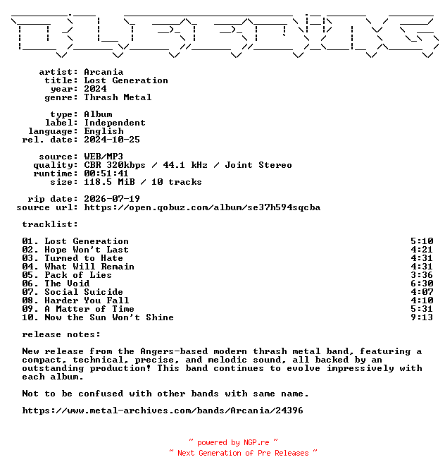 NFO for the release Arcania-Lost_Generation-WEB-2024-BLEEDiNG by BLEEDiNG