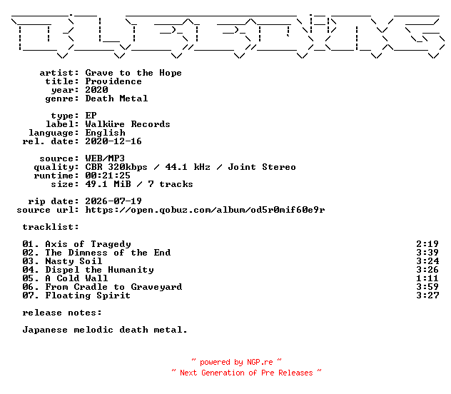 NFO for the release Grave_to_the_Hope-Providence-EP-WEB-2020-BLEEDiNG by BLEEDiNG