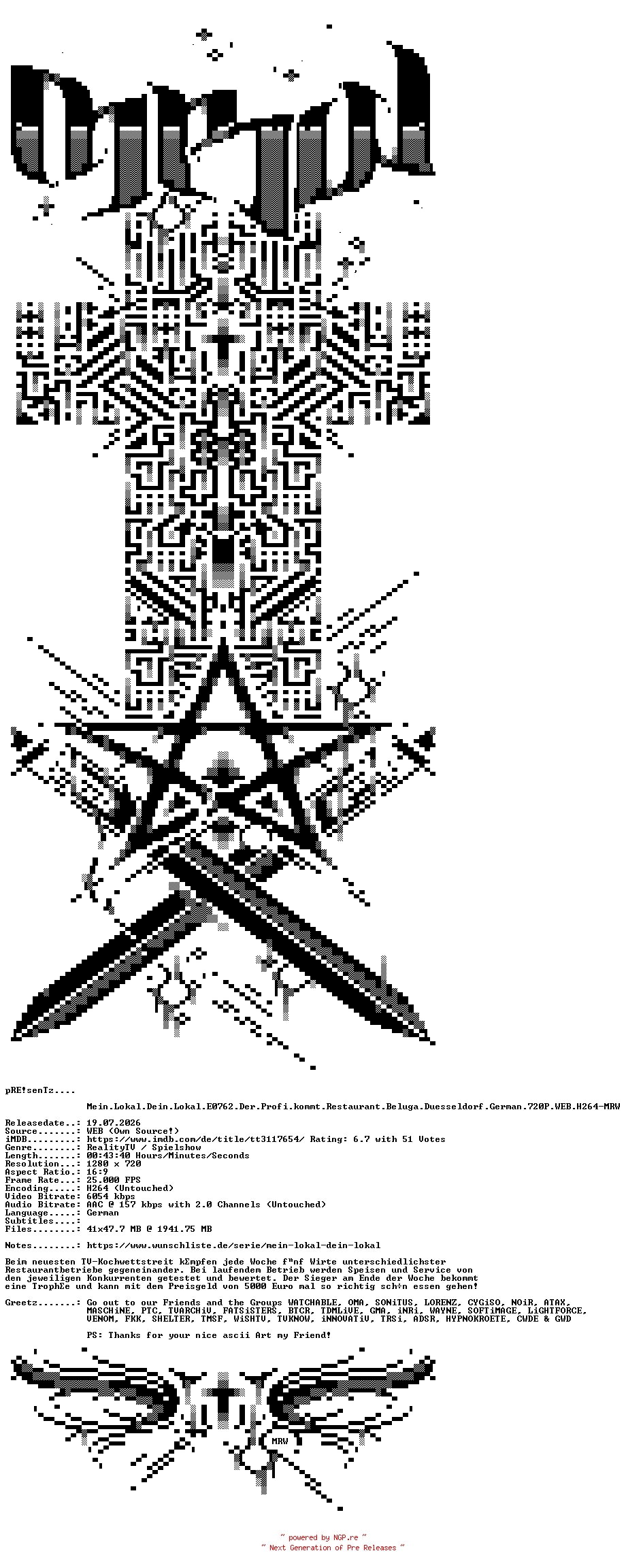 NFO for the release Mein.Lokal.Dein.Lokal.E0762.Der.Profi.kommt.Restaurant.Beluga.Duesseldorf.German.720P.WEB.H264-MRW by MRW