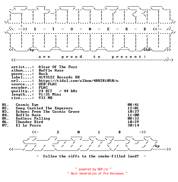 NFO for the release Altar_Of_The_Fuzz-Bufflo_Haze-24BIT-WEB-FLAC-2024-STONERD by STONERD