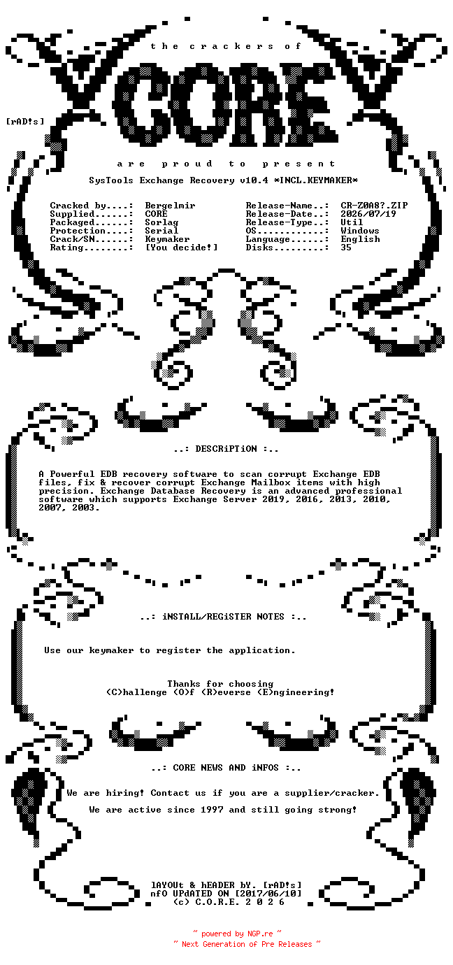 NFO for the release SysTools.Exchange.Recovery.v10.4.Incl.Keymaker-CORE by CORE