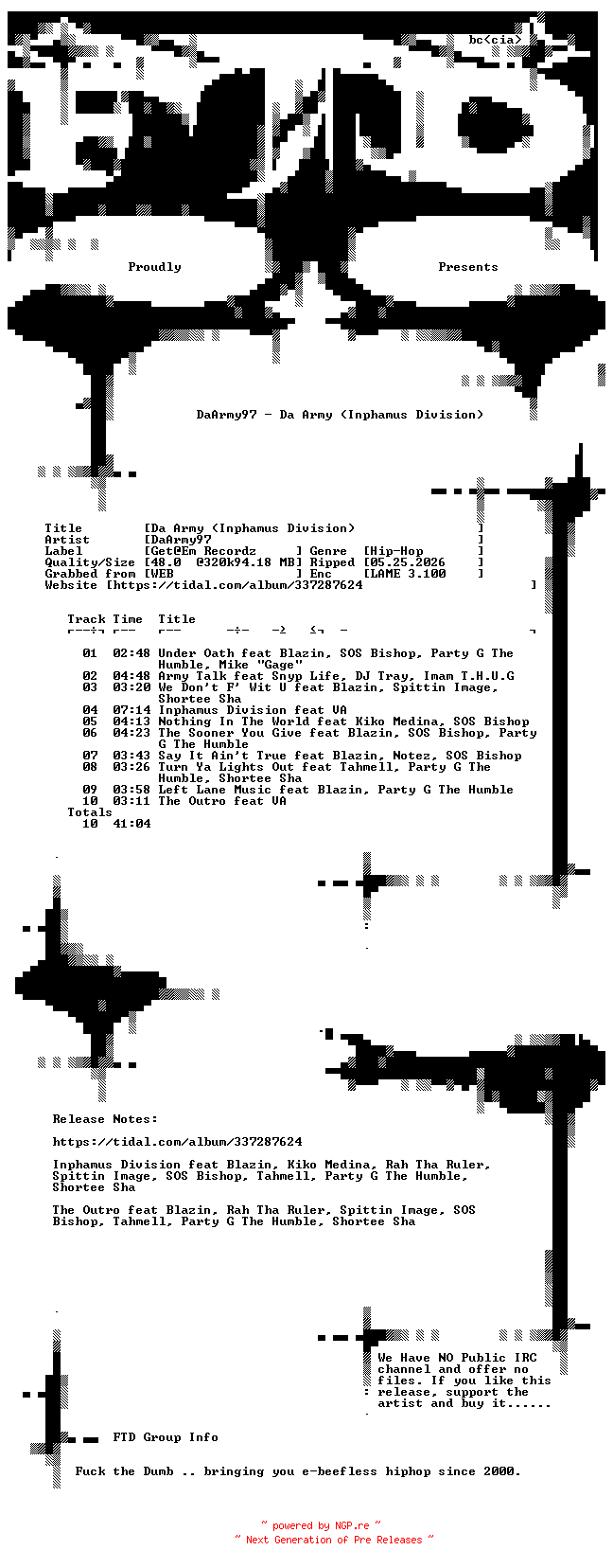 NFO for the release DaArmy97-Da_Army_(Inphamus_Division)-WEB-2023-FTD by FTD