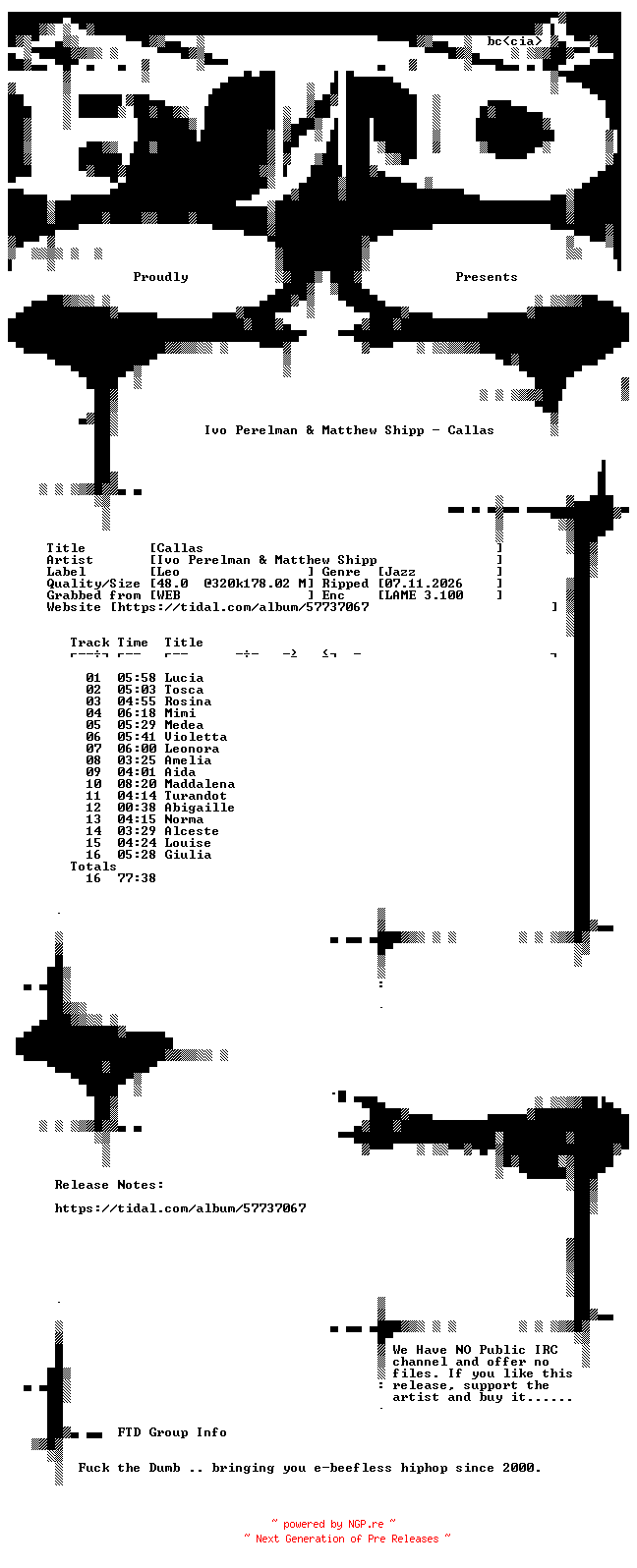 NFO for the release Ivo_Perelman_and_Matthew_Shipp-Callas-WEB-2015-FTD by FTD