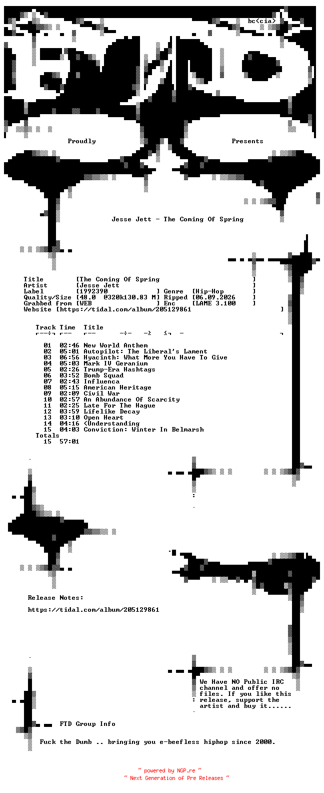 NFO for the release Jesse_Jett-The_Coming_Of_Spring-WEB-2021-FTD by FTD