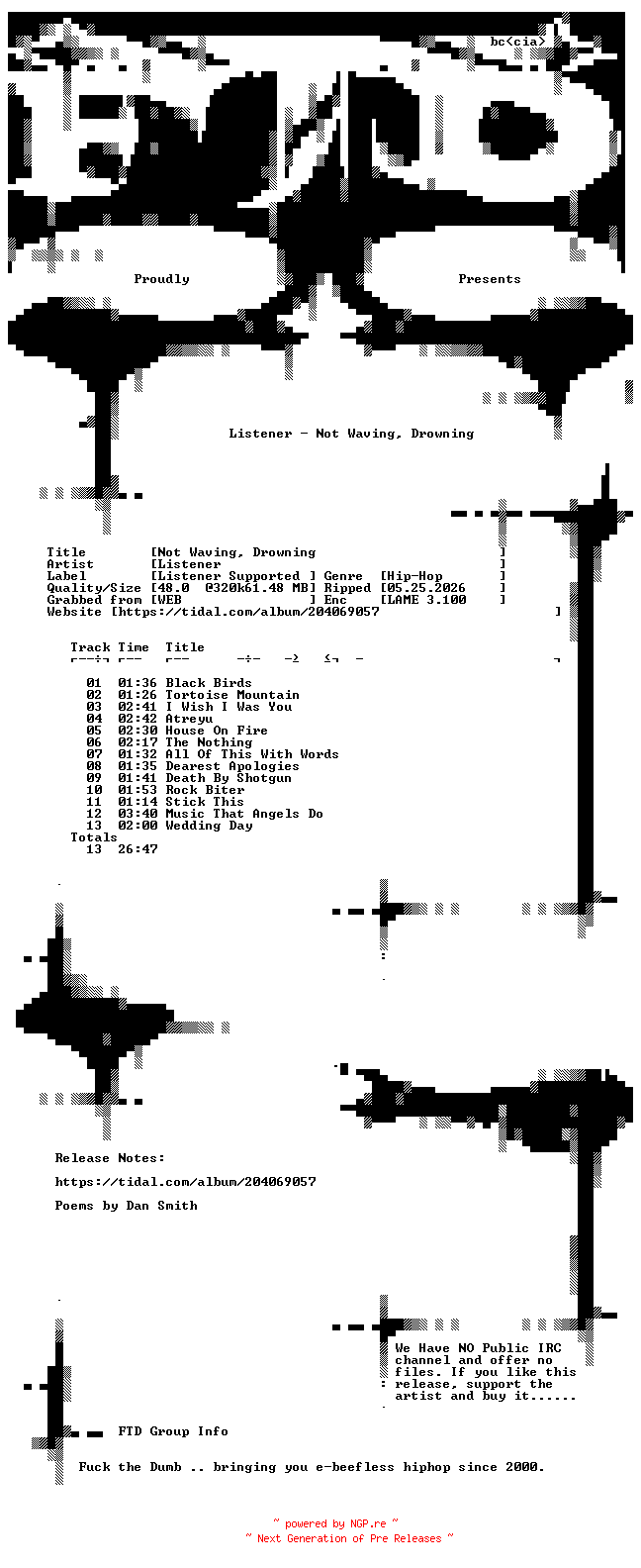 NFO for the release Listener-Not_Waving_Drowning-WEB-2009-FTD by FTD