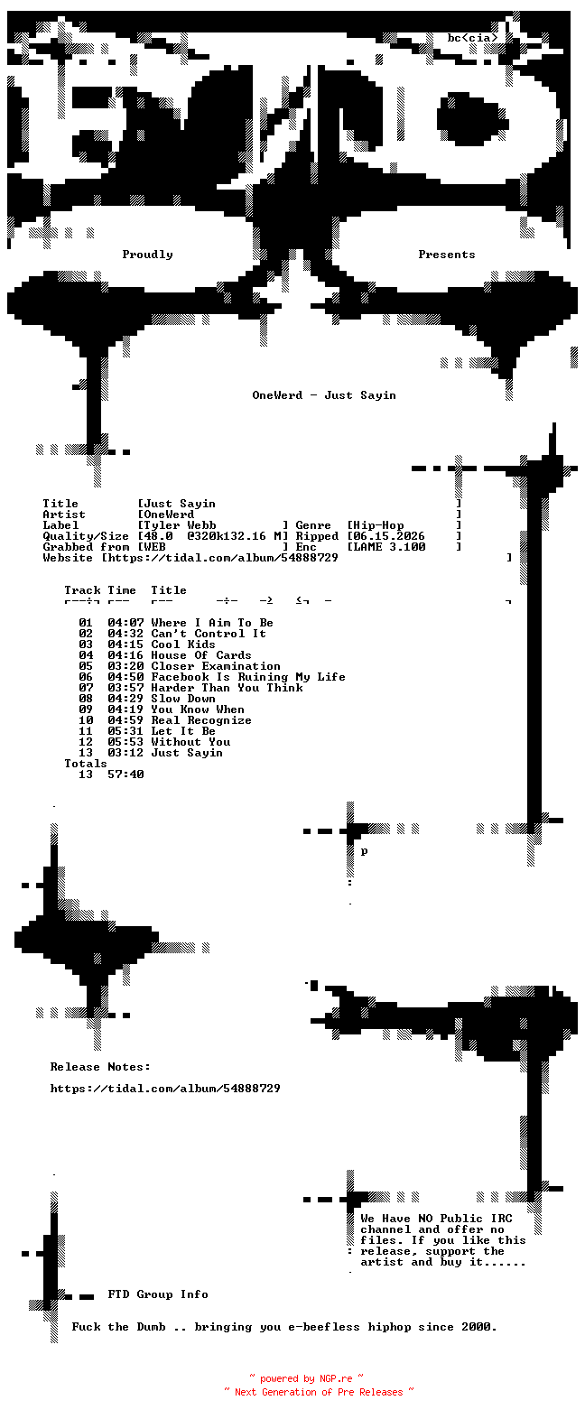 NFO for the release OneWerd-Just_Sayin-WEB-2015-FTD by FTD