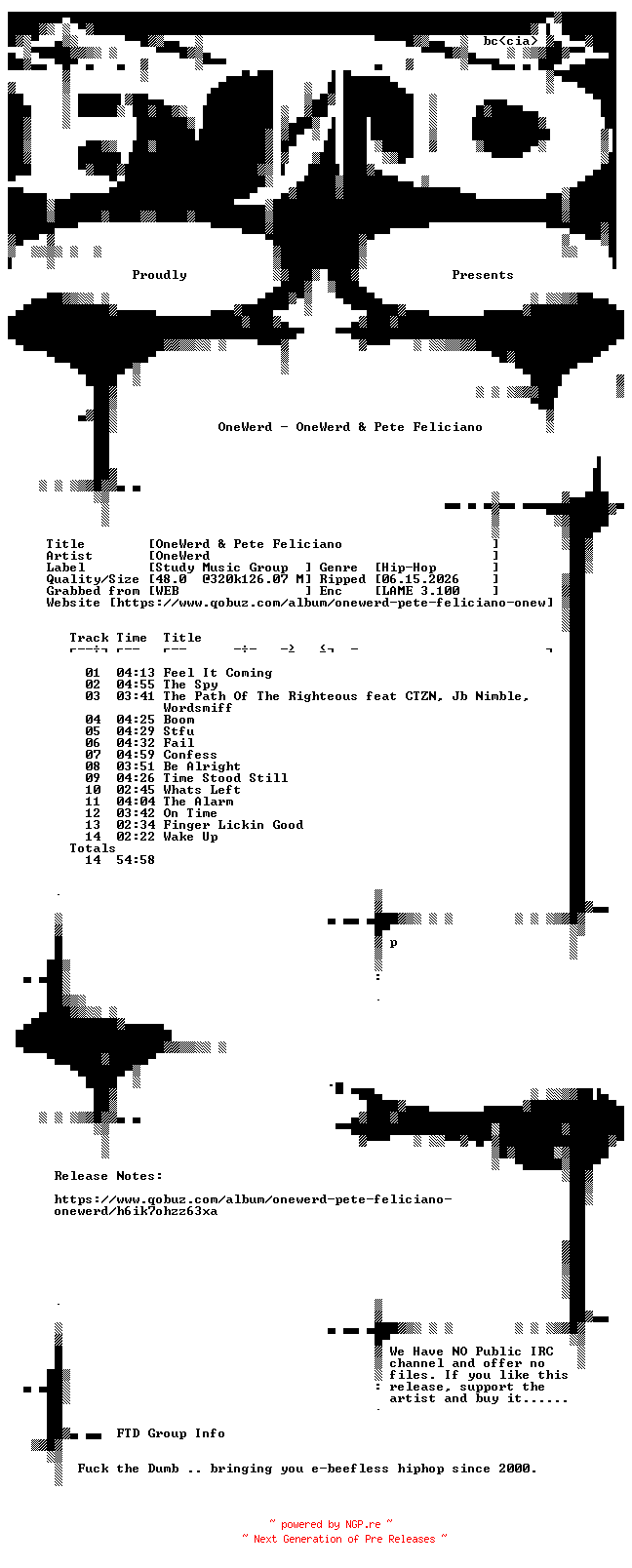 NFO for the release OneWerd-OneWerd_and_Pete_Feliciano-WEB-2015-FTD by FTD