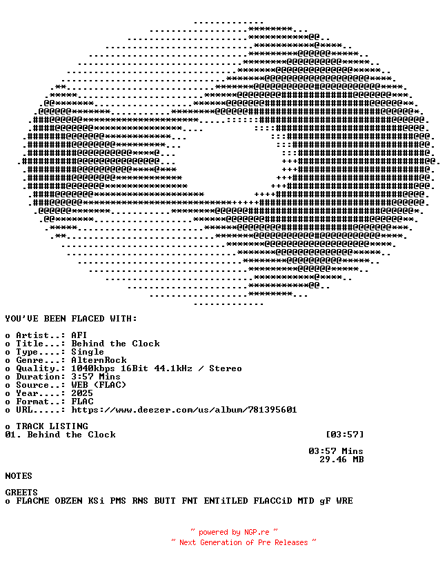 NFO for the release AFI-Behind_the_Clock-SINGLE-16BIT-WEB-FLAC-2025-FLACED by FLACED