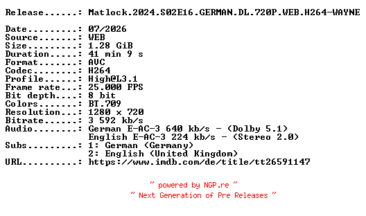 NFO for the release Matlock.2024.S02E16.GERMAN.DL.720P.WEB.H264-WAYNE by WAYNE