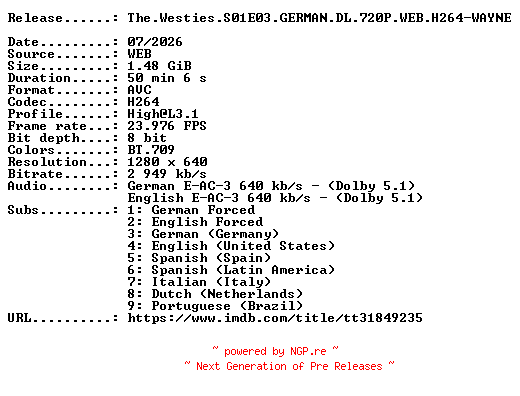NFO for the release The.Westies.S01E03.GERMAN.DL.720P.WEB.H264-WAYNE by WAYNE