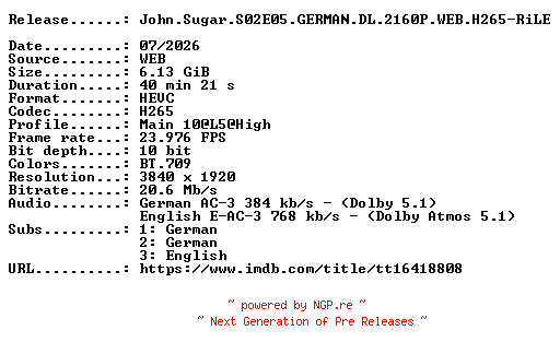 NFO for the release John.Sugar.S02E05.GERMAN.DL.2160P.WEB.H265-RiLE by RiLE