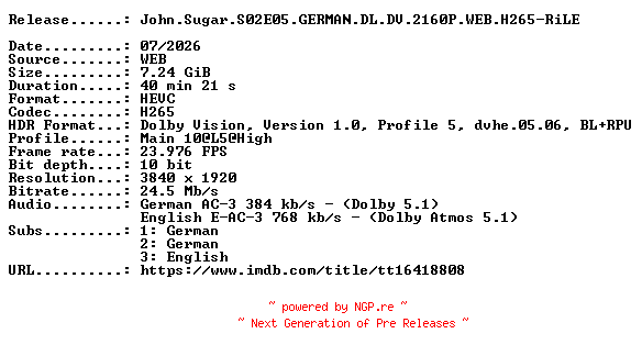 NFO for the release John.Sugar.S02E05.GERMAN.DL.DV.2160P.WEB.H265-RiLE by RiLE