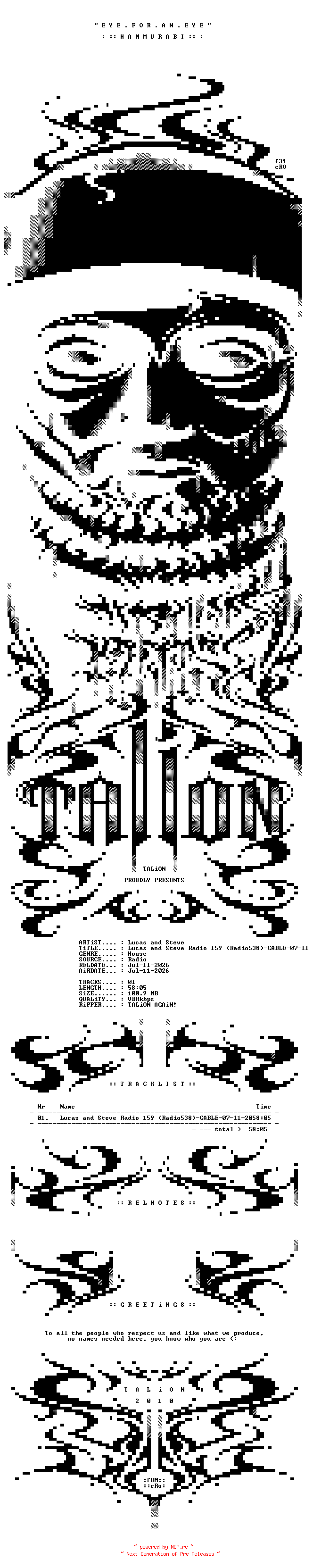NFO for the release Lucas_and_Steve_-_Lucas_and_Steve_Radio_159_(Radio538)-CABLE-07-11-2026-TALiON by TALiON