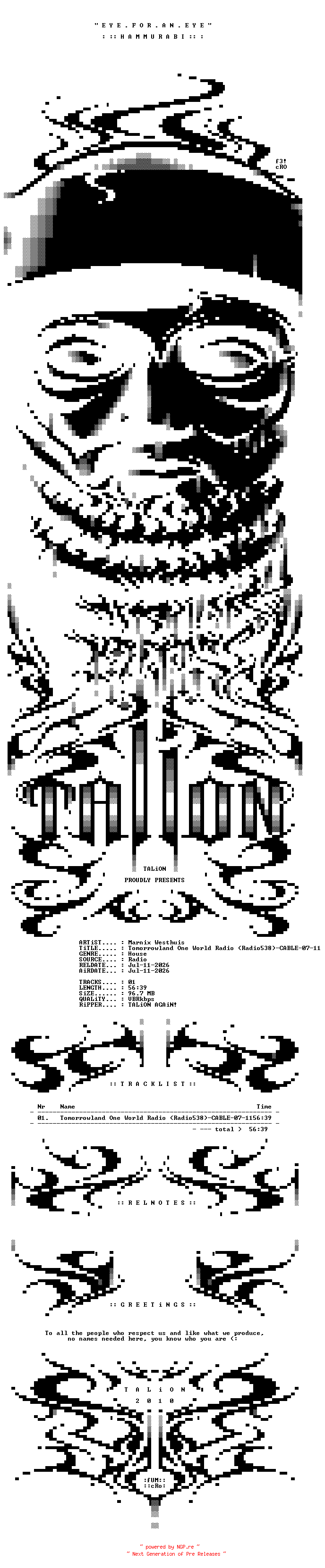 NFO for the release Marnix_Westhuis_-_Tomorrowland_One_World_Radio_(Radio538)-CABLE-07-11-2026-TALiON by TALiON